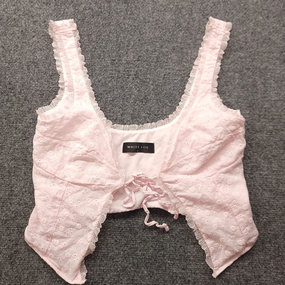 White Fox Boutique Pink Eyelet Lace Trim Front Tie Crop Top Small Cotton Boho